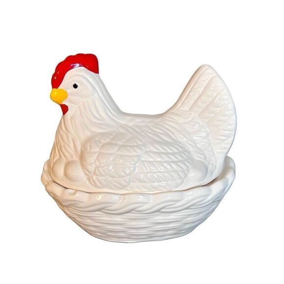 Vintage White Ceramic Chicken Hen On Nest Dish Sugar Bowl Honey Pot Cookie Jar - Picture 1 of 11